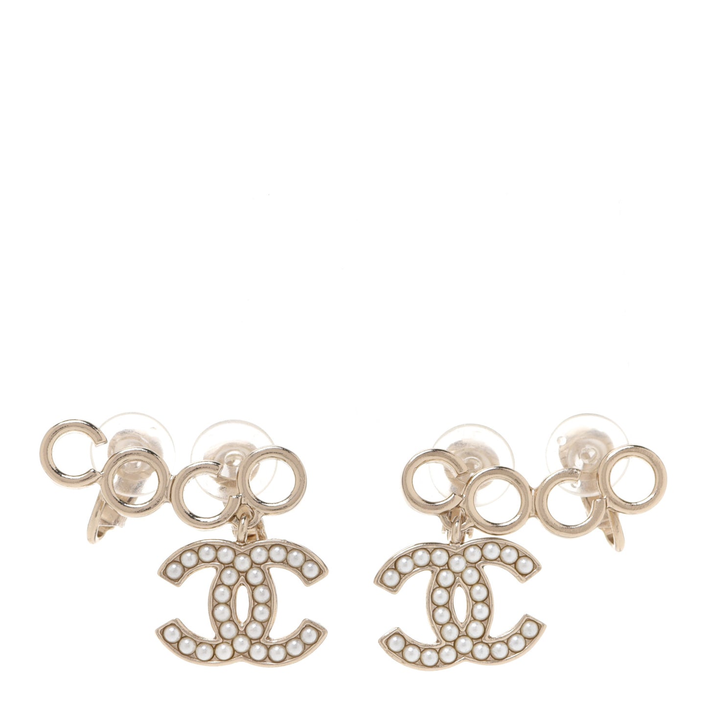 Metal Pearl CC Coco Climber Clip On Earrings Gold