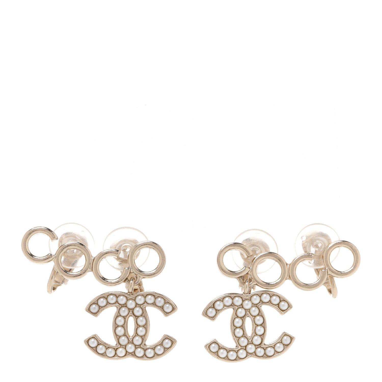 Chanel Metal Pearl CC Coco Climber Clip On Earrings Gold 1 of 5