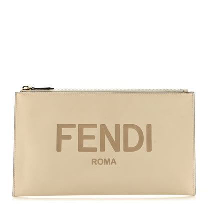 Fendi Vitello King Logo Embossed Medium Flat Pouch White Ice 1 of 8