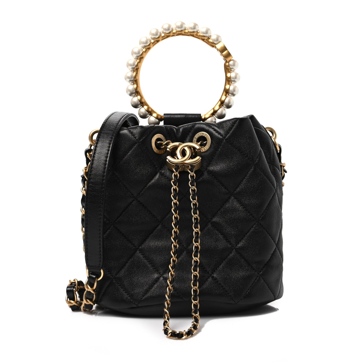 Lambskin Quilted Pearl Crown Drawstring Bag Black