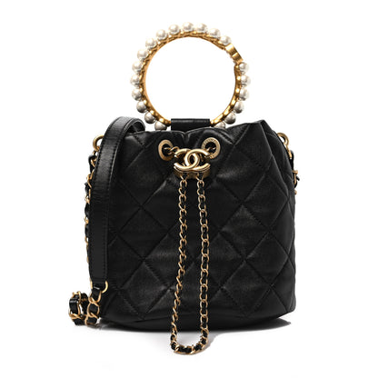 Chanel Lambskin Quilted Pearl Crown Drawstring Bag Black 1 of 8