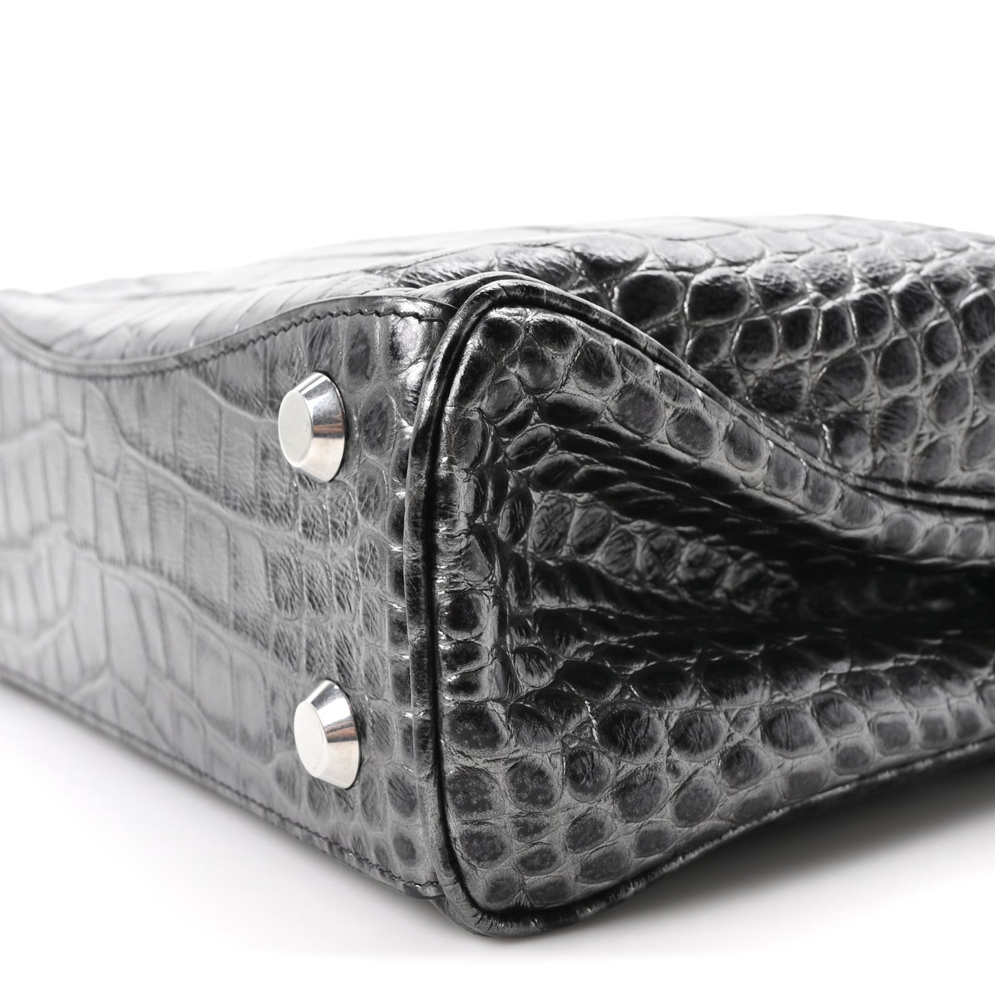 Metallized Calfskin Crocodile Embossed Mini Rodeo Top Handle Handbag Gunmetal