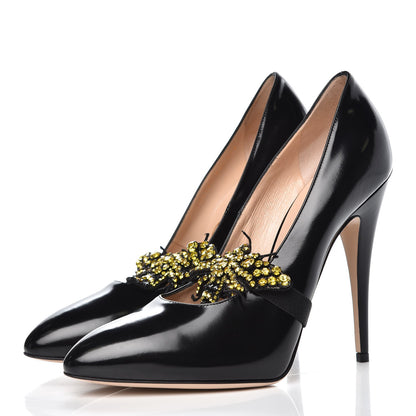 Gucci Polished Calfskin Removable Bee Elaisa Platform High Heel Pumps 39.5 Black 3 of 9