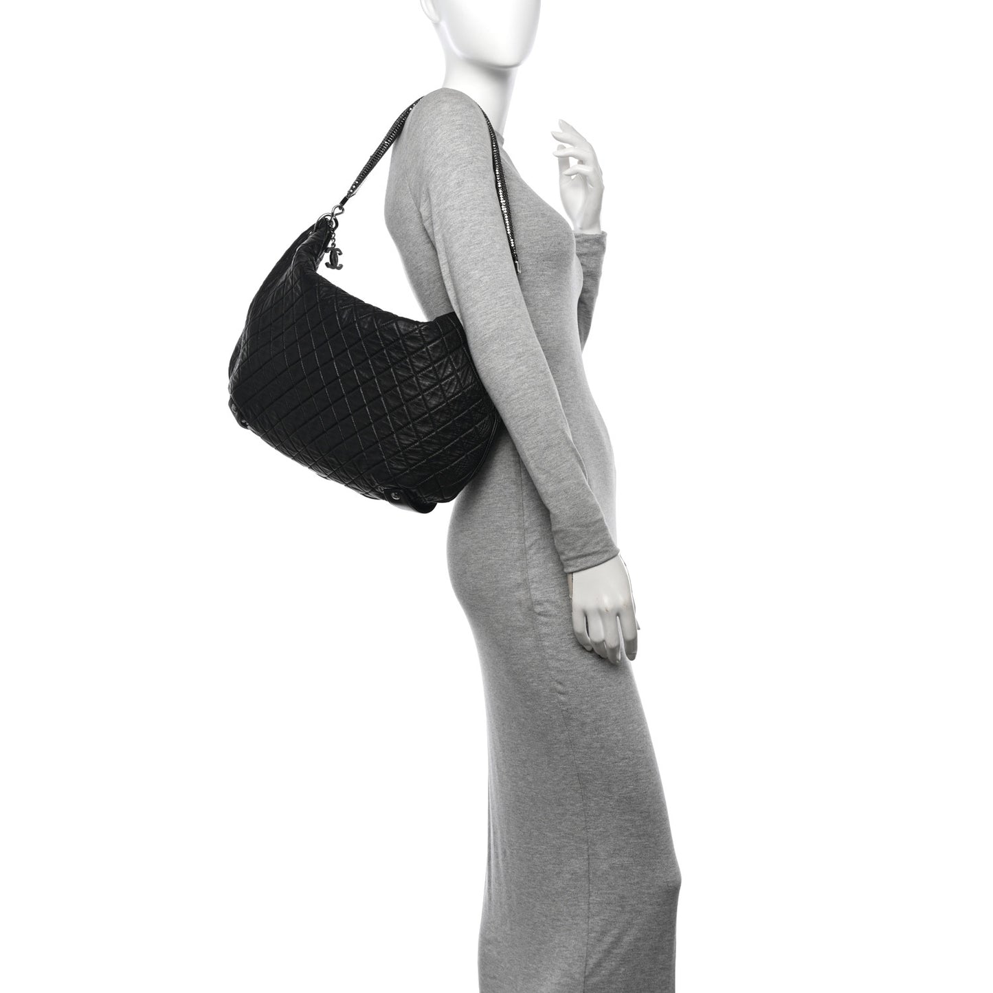 Lambskin Large Chain Mail Hobo Black