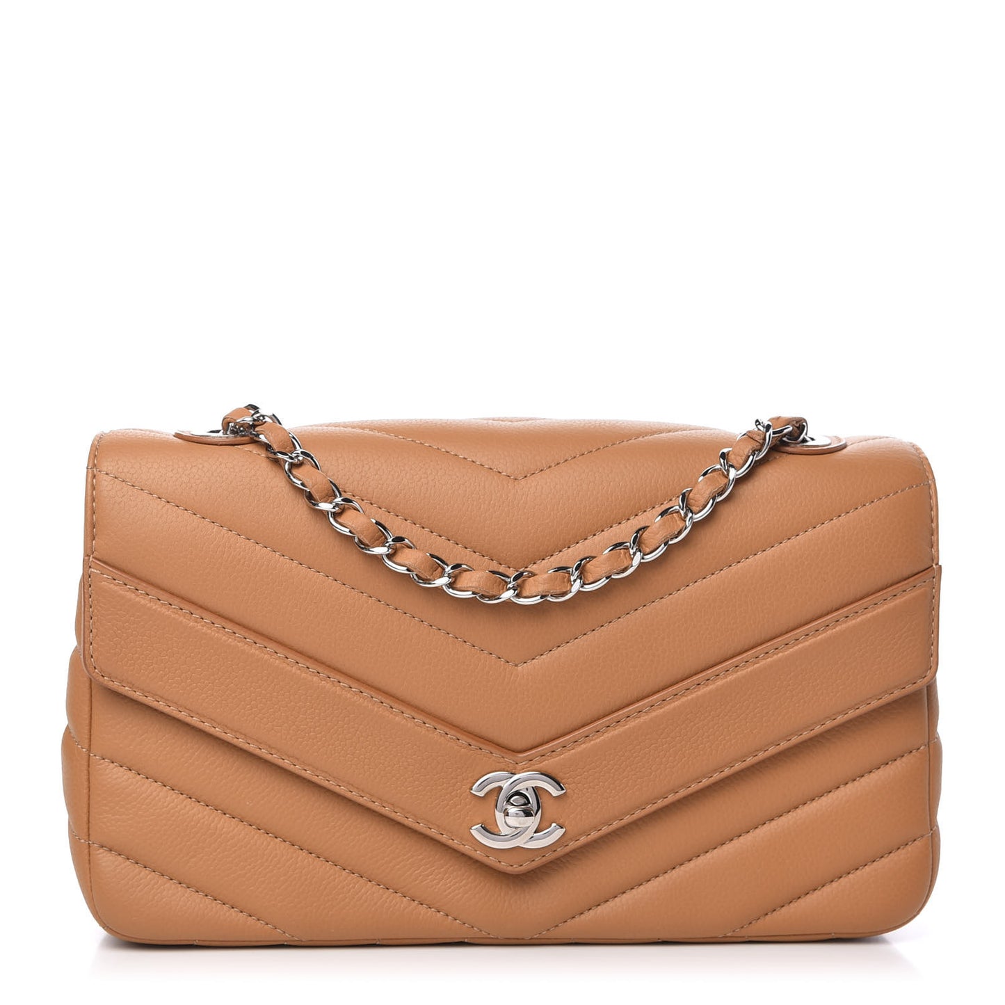 Caviar Chevron Quilted Single Flap Beige