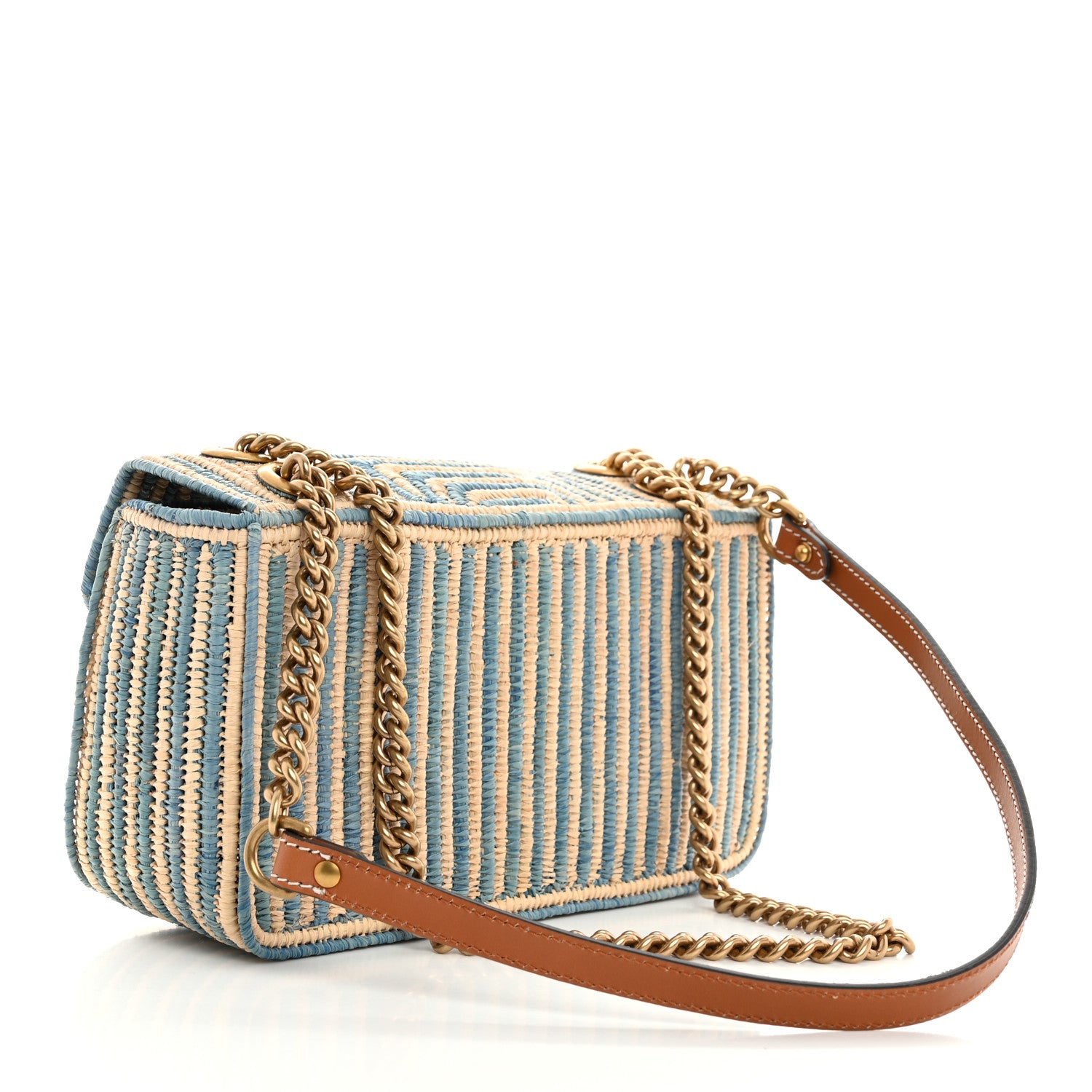 Gucci Raffia Woven Small GG Marmont Shoulder Bag Natural Light Blue 2 of 10