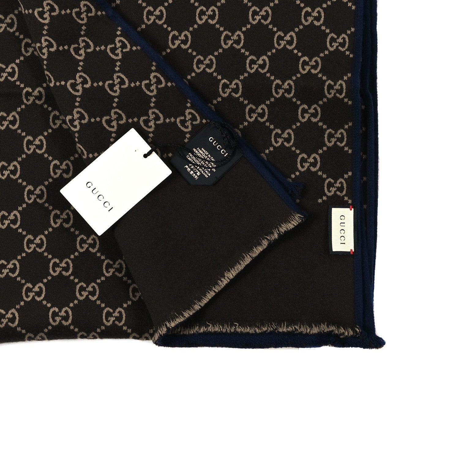 Gucci Wool Silk Monogram GG Scarf Navy Brown 4 of 4