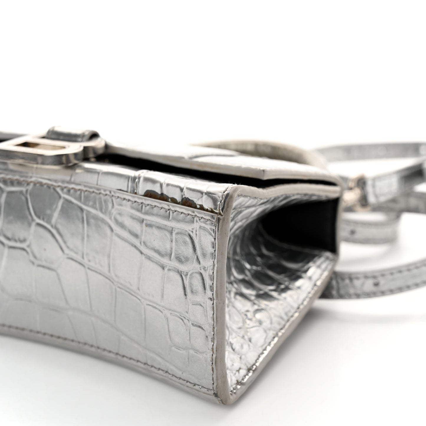Metallic Calfskin Crocodile Embossed Hourglass Top Handle Bag XS Silver