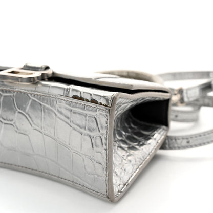 Balenciaga Metallic Calfskin Crocodile Embossed Hourglass Top Handle Bag XS Silver 9 of 12