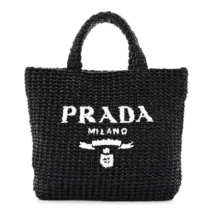 Prada Yarn Raffia Effect Crochet Small Logo Tote Black 1 of 10