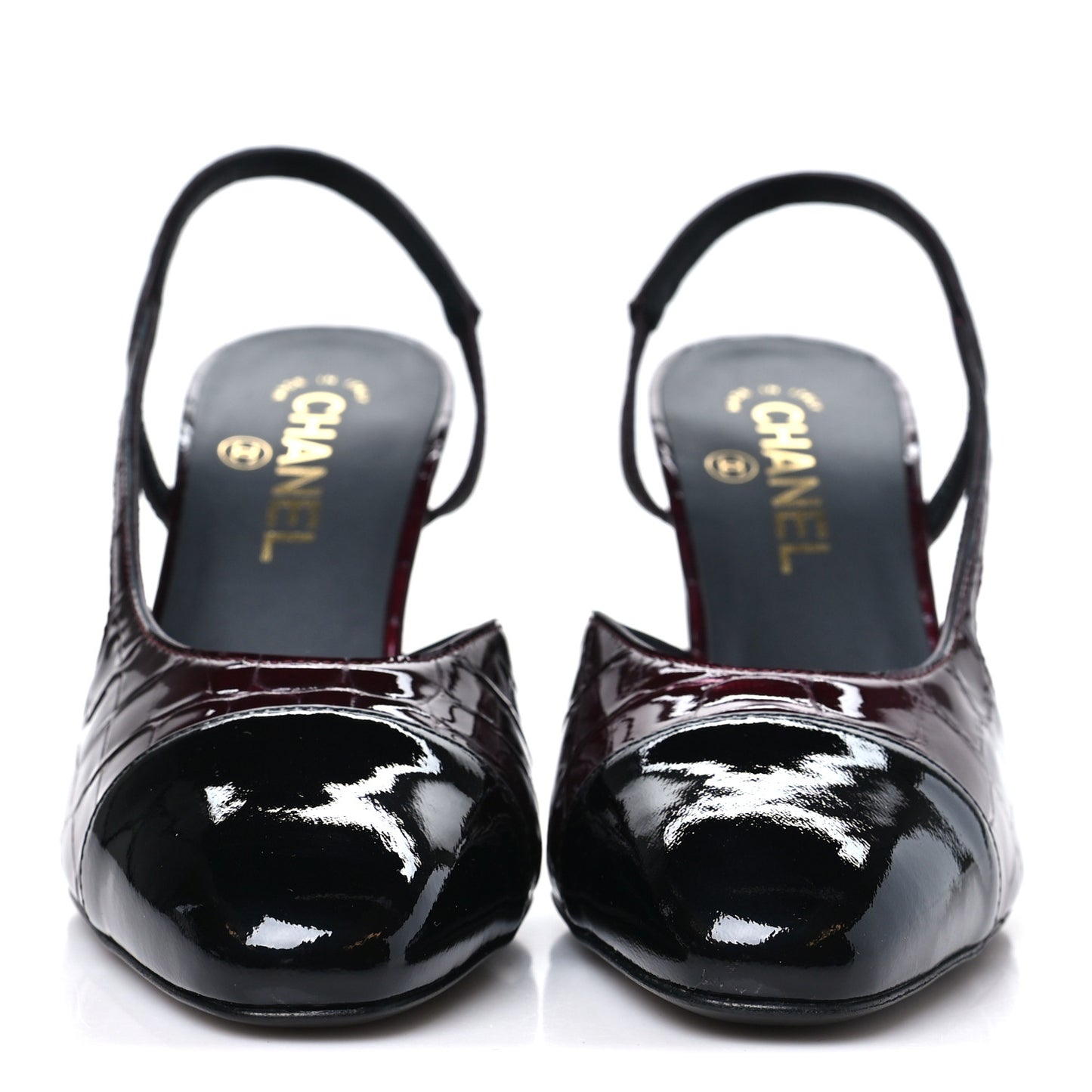 Crocodile Embossed Patent CC Cap Toe CC Slingback Pumps 38 Dark Burgundy