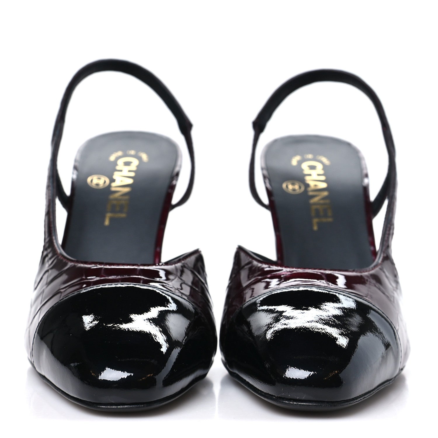 Chanel Crocodile Embossed Patent CC Cap Toe CC Slingback Pumps 38 Dark Burgundy 3 of 11