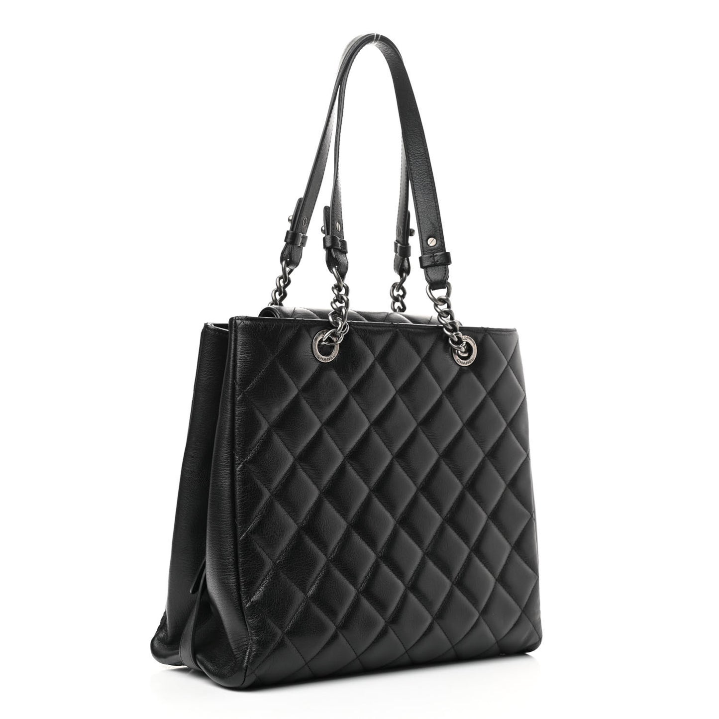Metallic Goatskin Quilted Small City Rock Shopping Tote Black