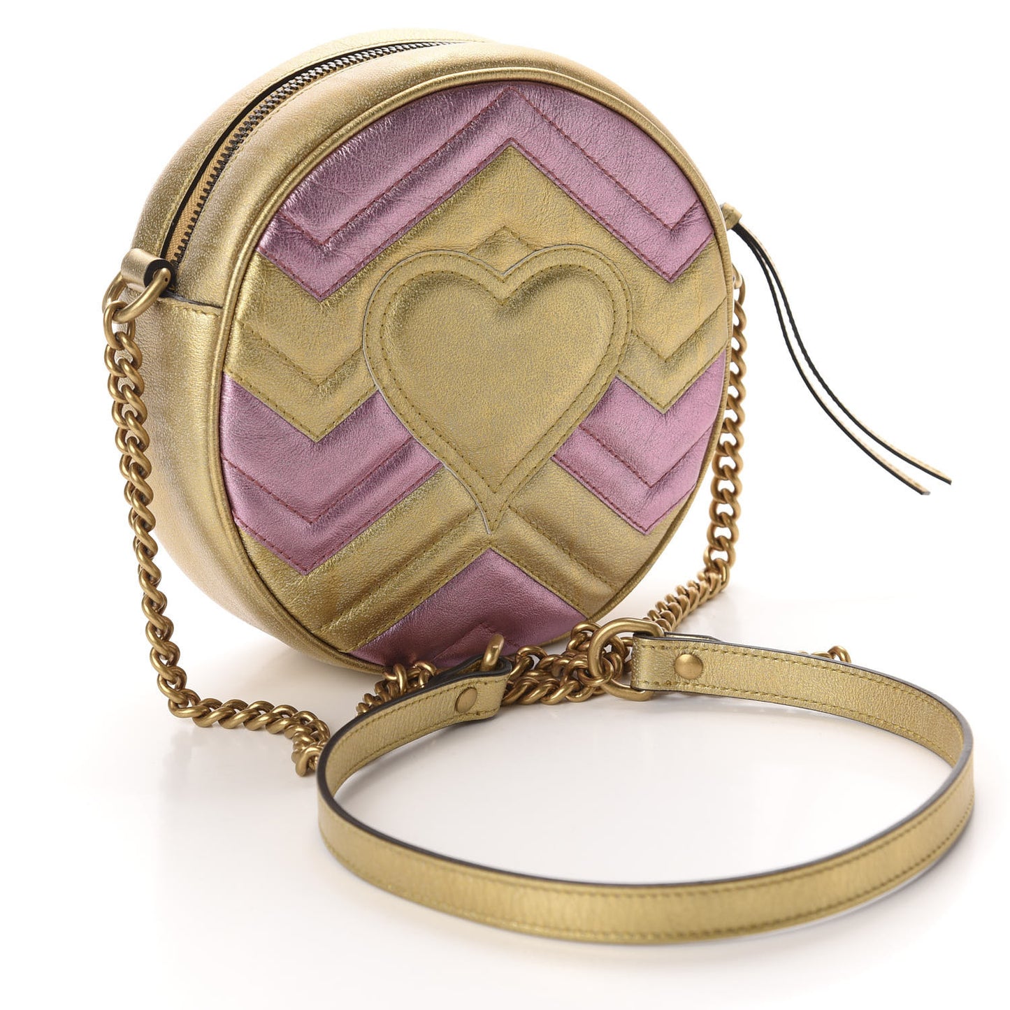 Metallic Calfskin Matelasse Mini GG Marmont Round Shoulder Bag Gold Pink