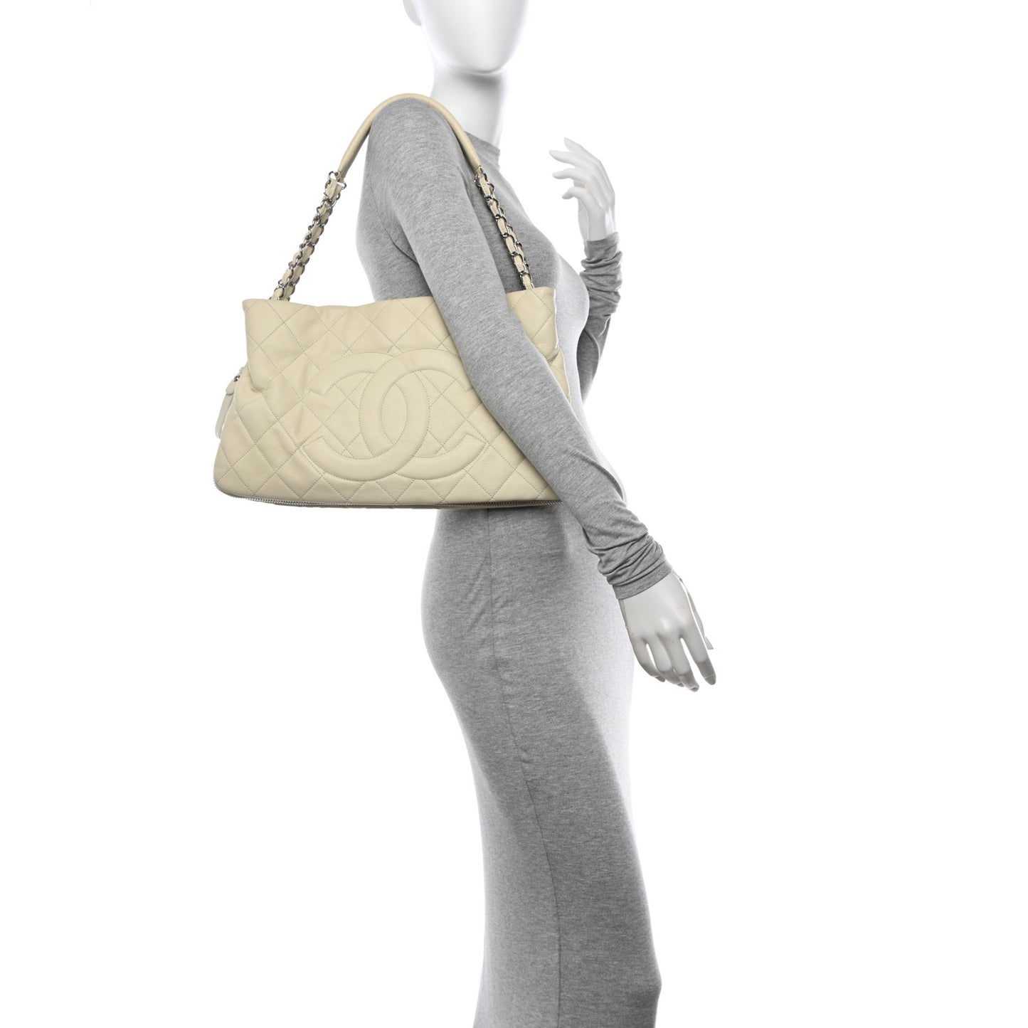 Caviar Quilted Expandable Zip Shoulder Bag White