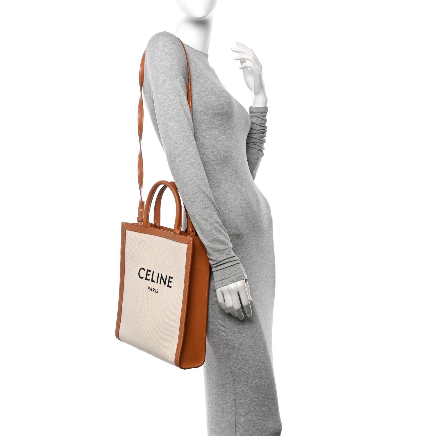 Celine Canvas Calfskin Logo Print Small Vertical Cabas Natural Tan 2 of 9