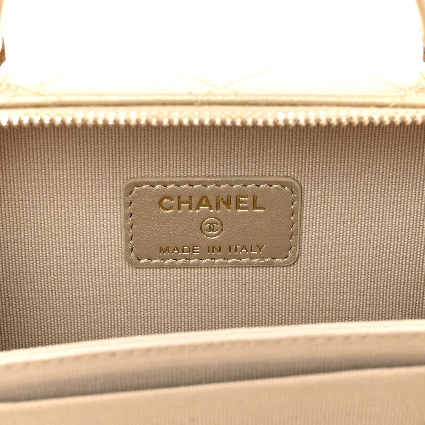 Metallic Lambskin Quilted Small Top Handle Vanity Case Gold