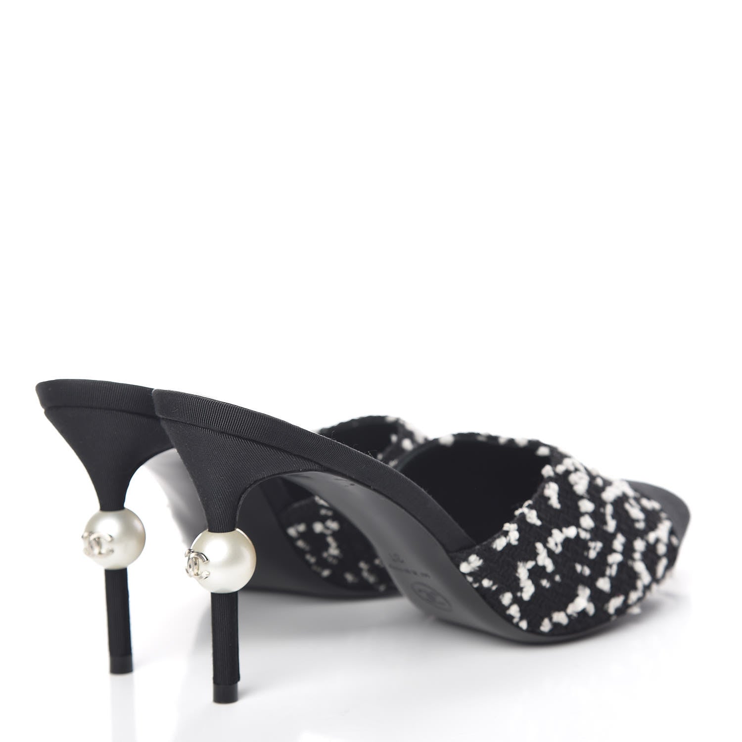 Chanel Tweed Grosgrain Pearl Mules 37 Black White 4 of 13