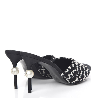 Chanel Tweed Grosgrain Pearl Mules 37 Black White 4 of 13