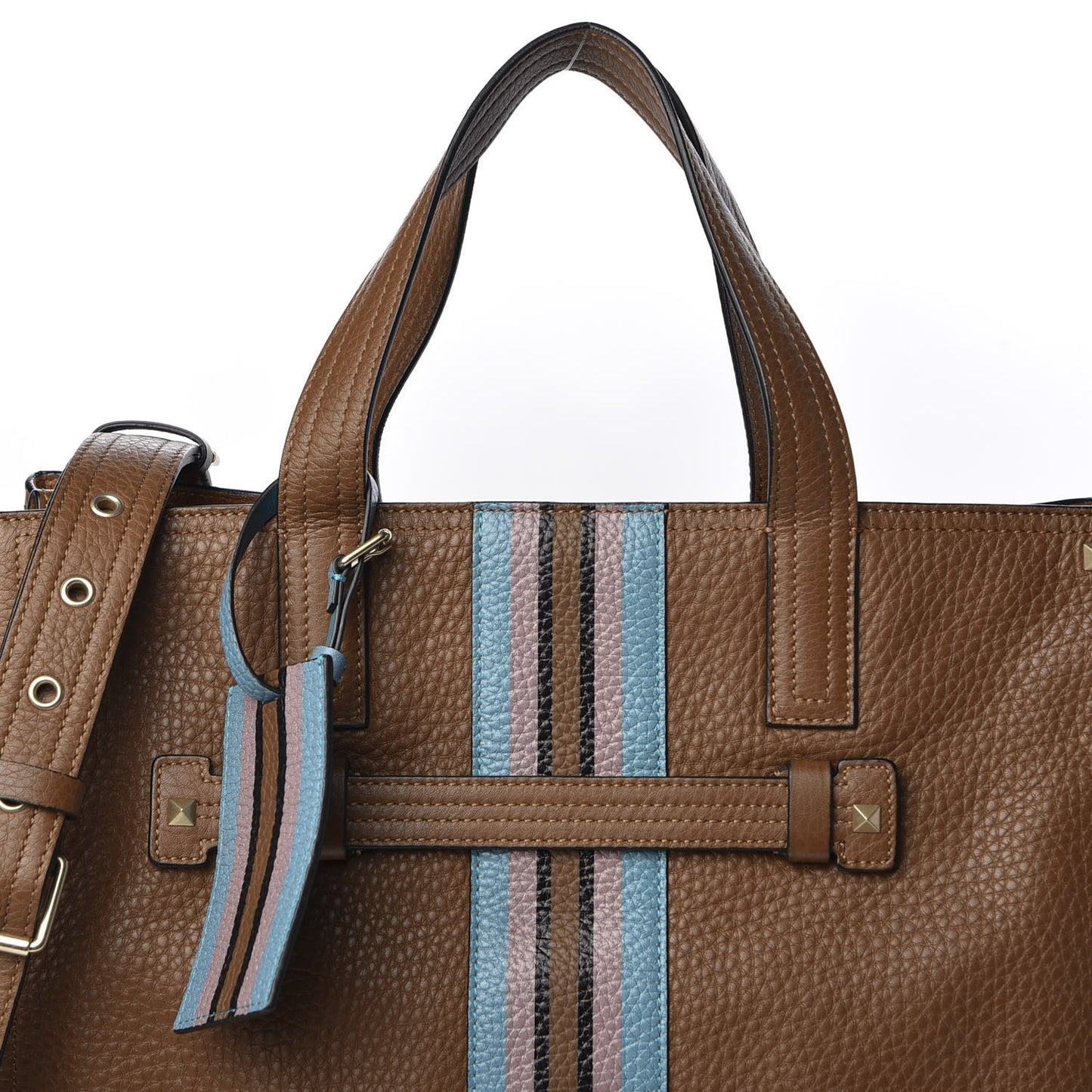 Calfskin Striped Large Rockstud Vertical Tote Brown