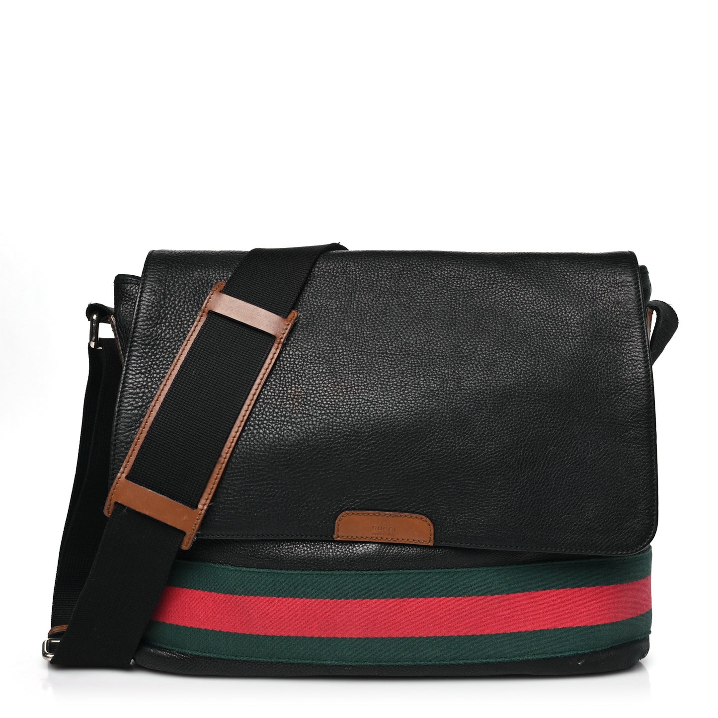 Pebbled Calfskin Web Messenger Bag Black