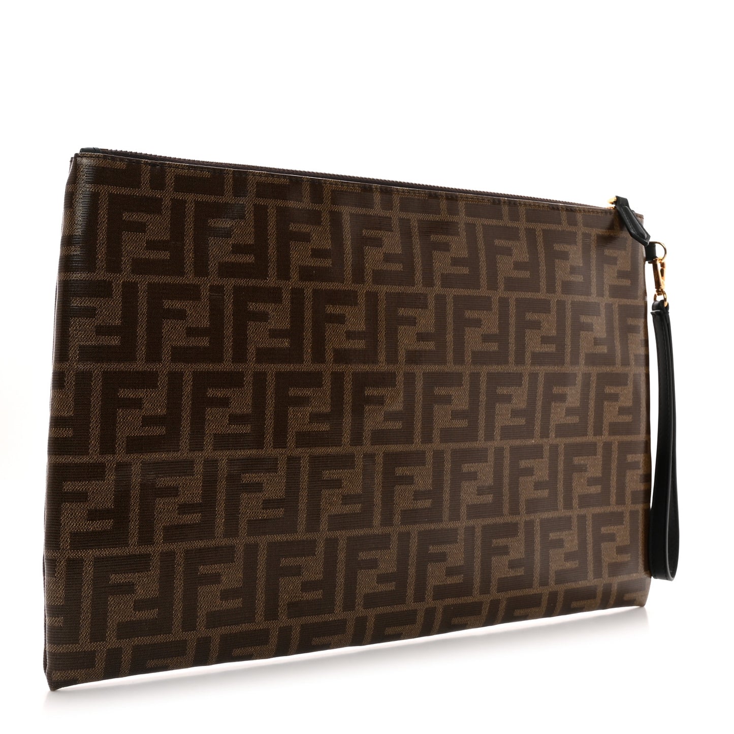 Glazed Fabric Vitello Century FF 1974 Stamp Patch Large Flat Pouch Mogano Panna Black