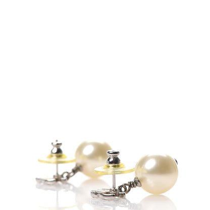 Chanel Crystal Pearl CC Drop Earrings Silver Pearly White 3 of 5