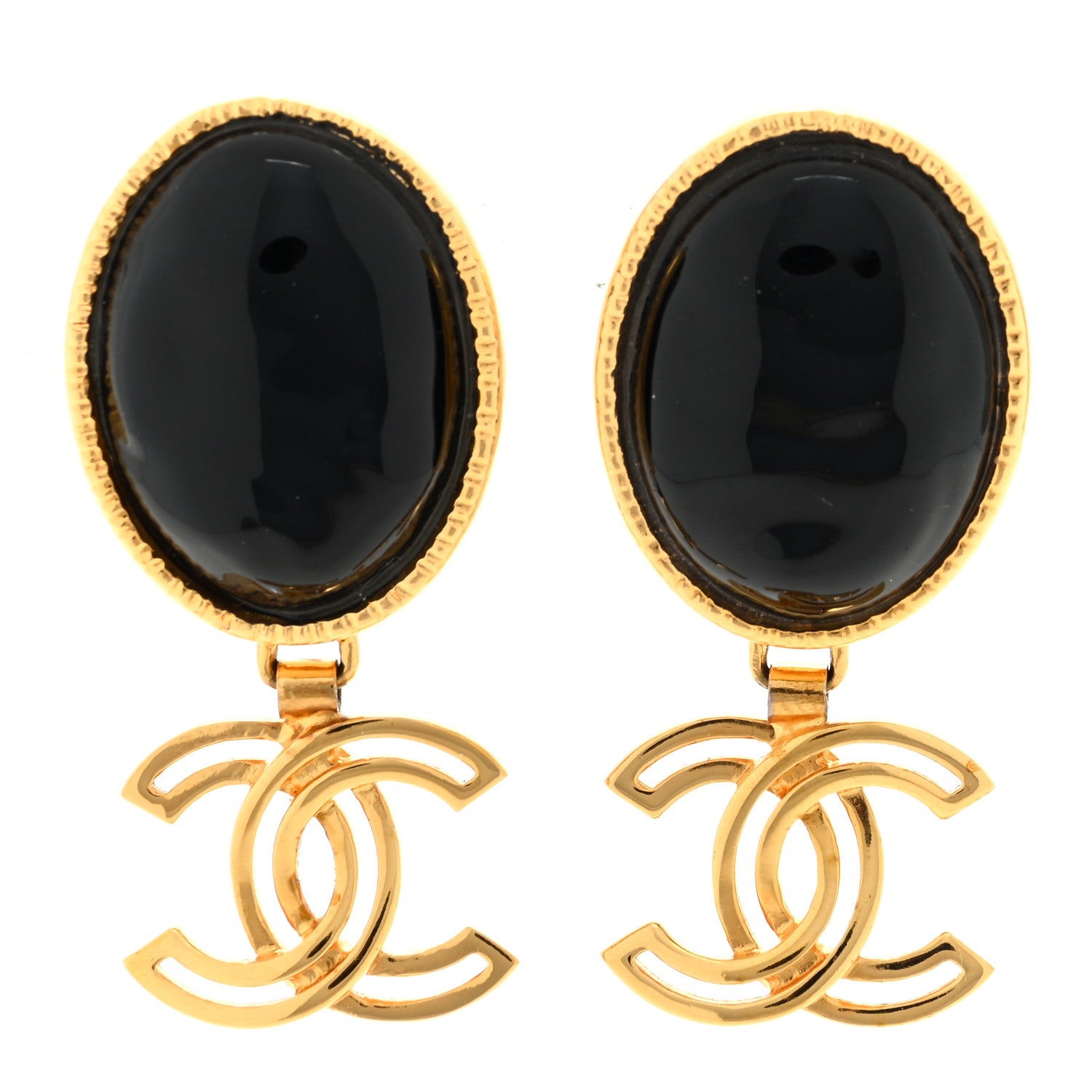 Chanel Resin Crystal CC Heart Drop Earrings Black Gold 1 of 4