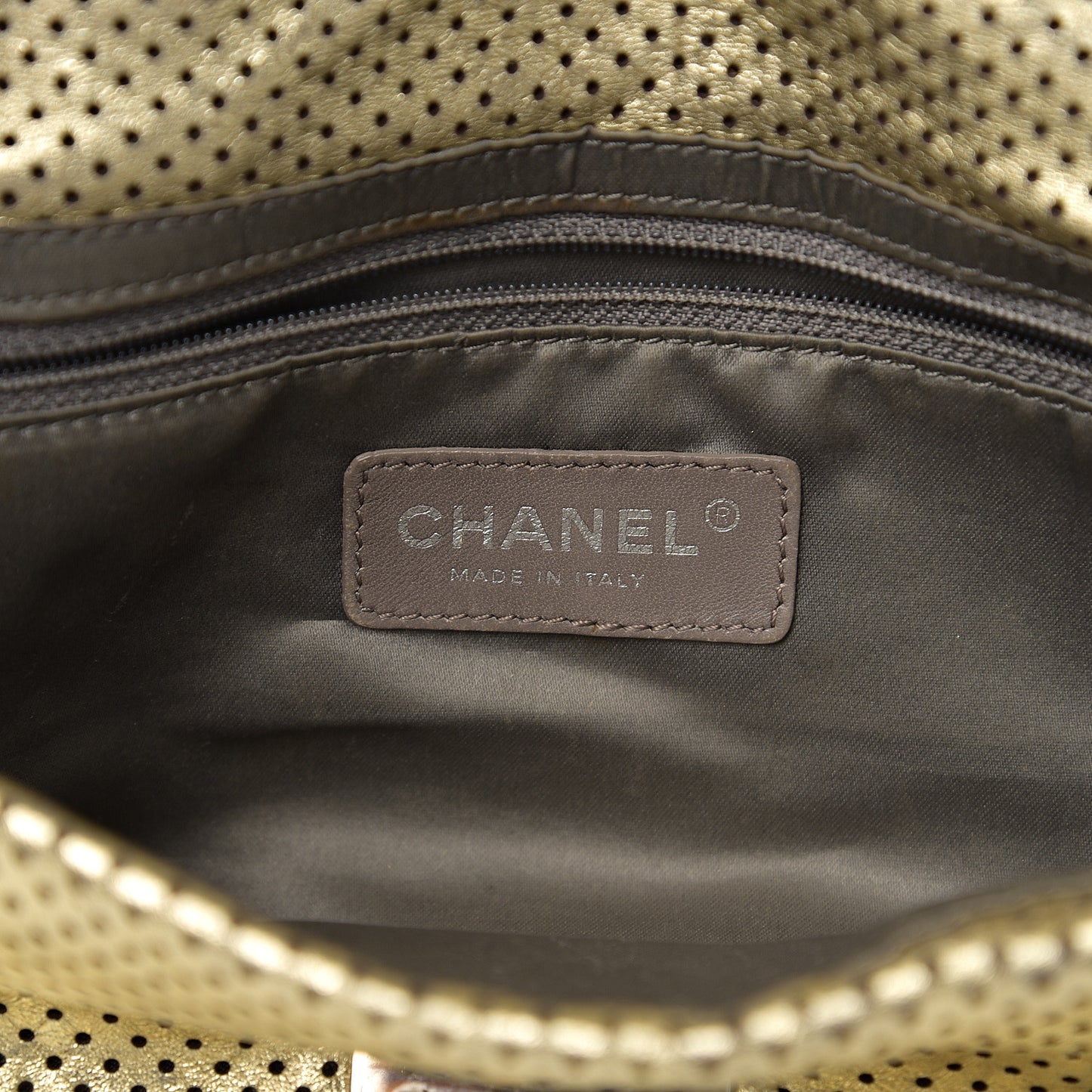 Metallic Crackled Calfskin Perforated Large Drill Flap Gold