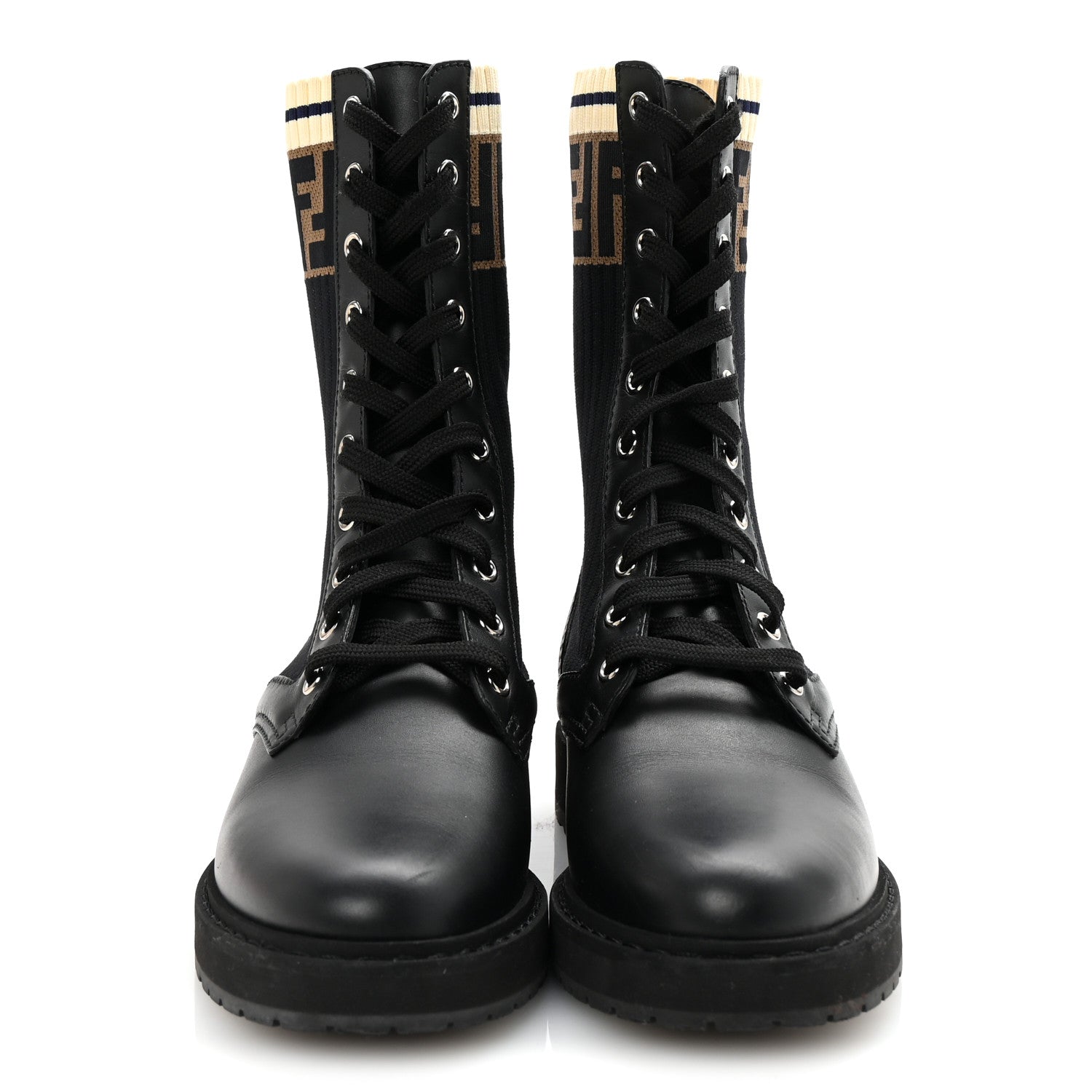 Fendi Calfskin Stretch Fabric Rockoko Biker Boots 37 Tobacco Black Marino 3 of 9