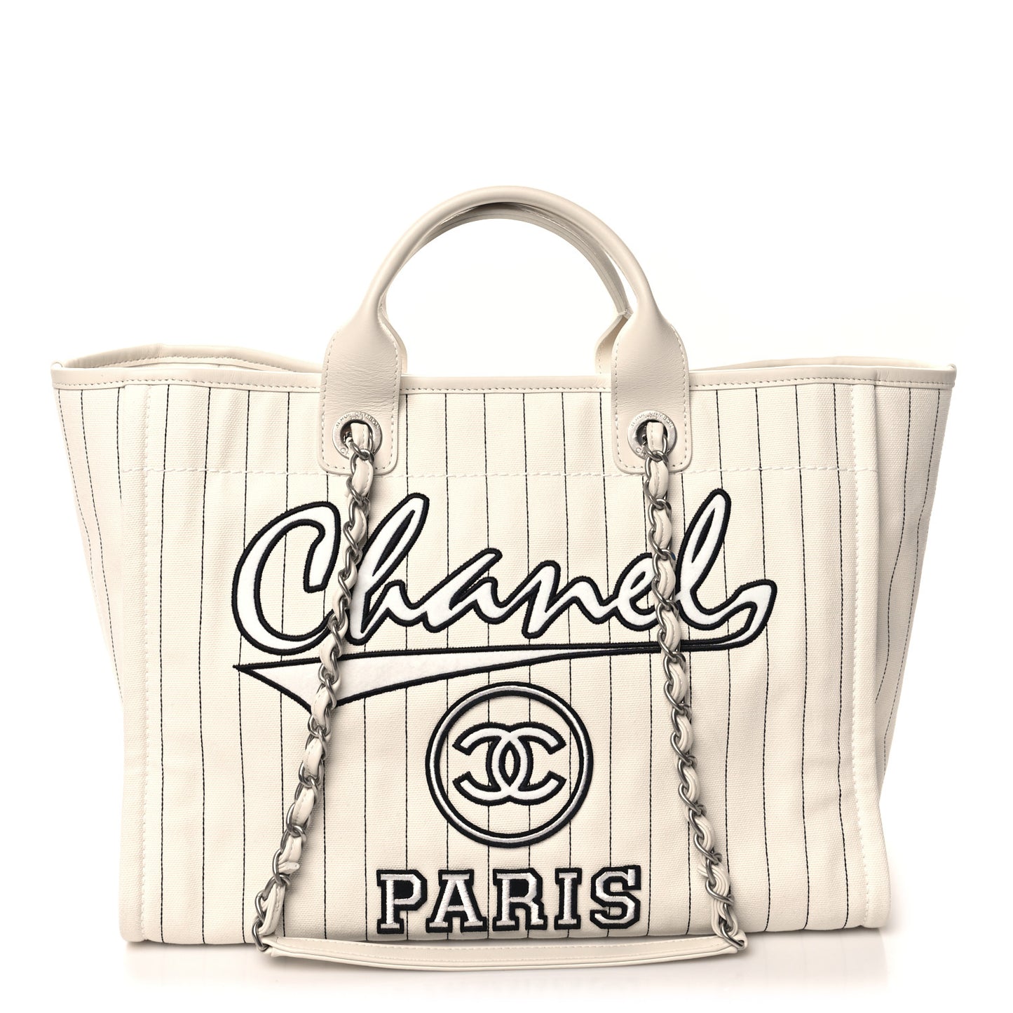 Canvas Calfskin Striped Medium Deauville Tote White Black