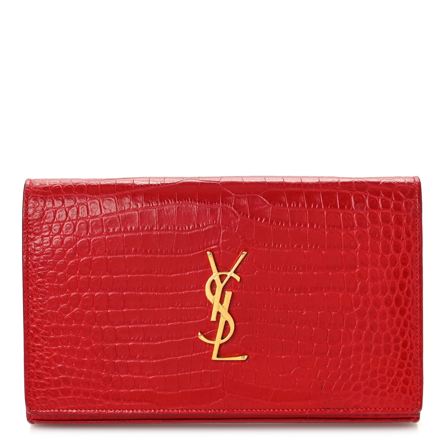 Calfskin Crocodile Embossed Monogram Chain Wallet New Lipstick Red