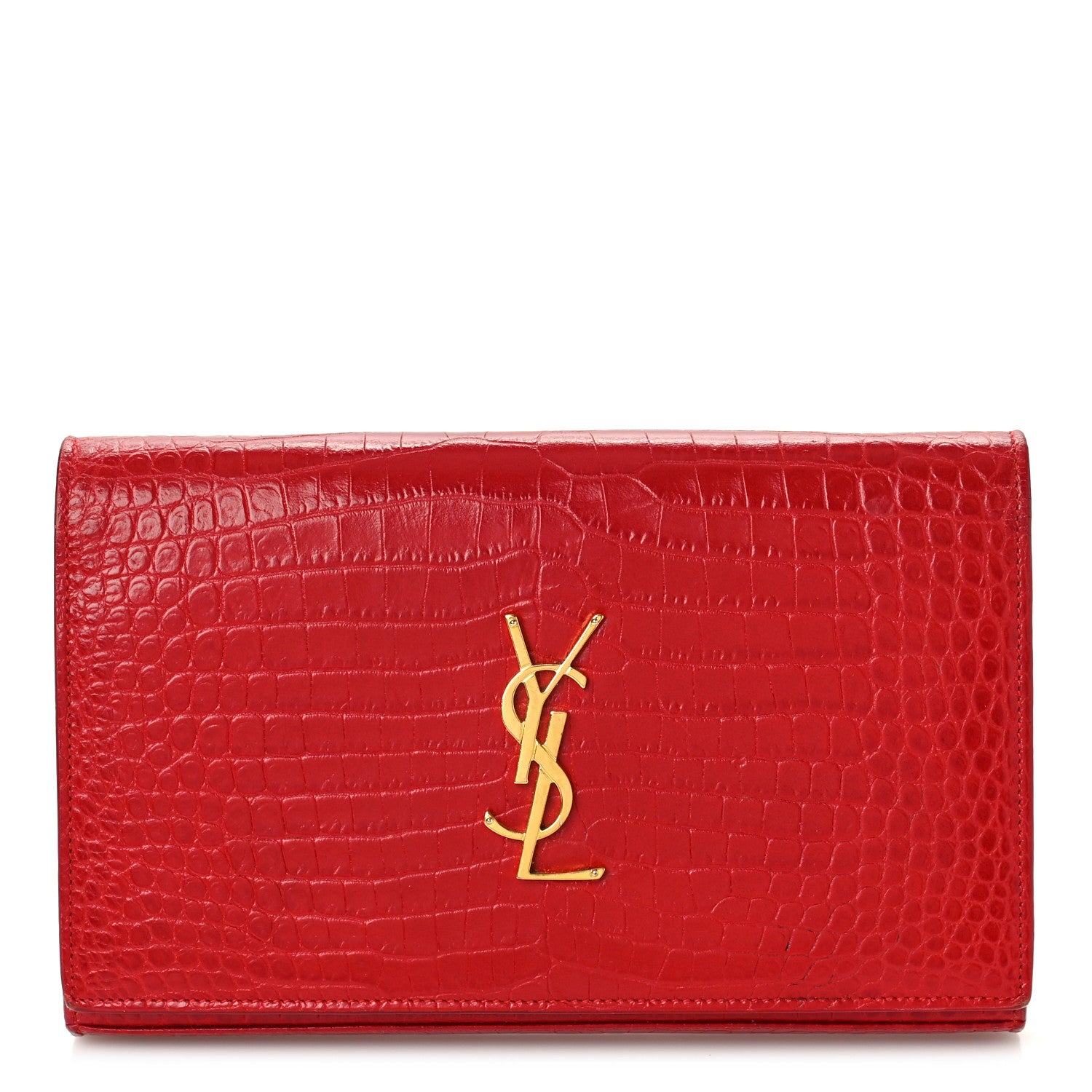 Saint Laurent Calfskin Crocodile Embossed Monogram Chain Wallet New Lipstick Red 1 of 13