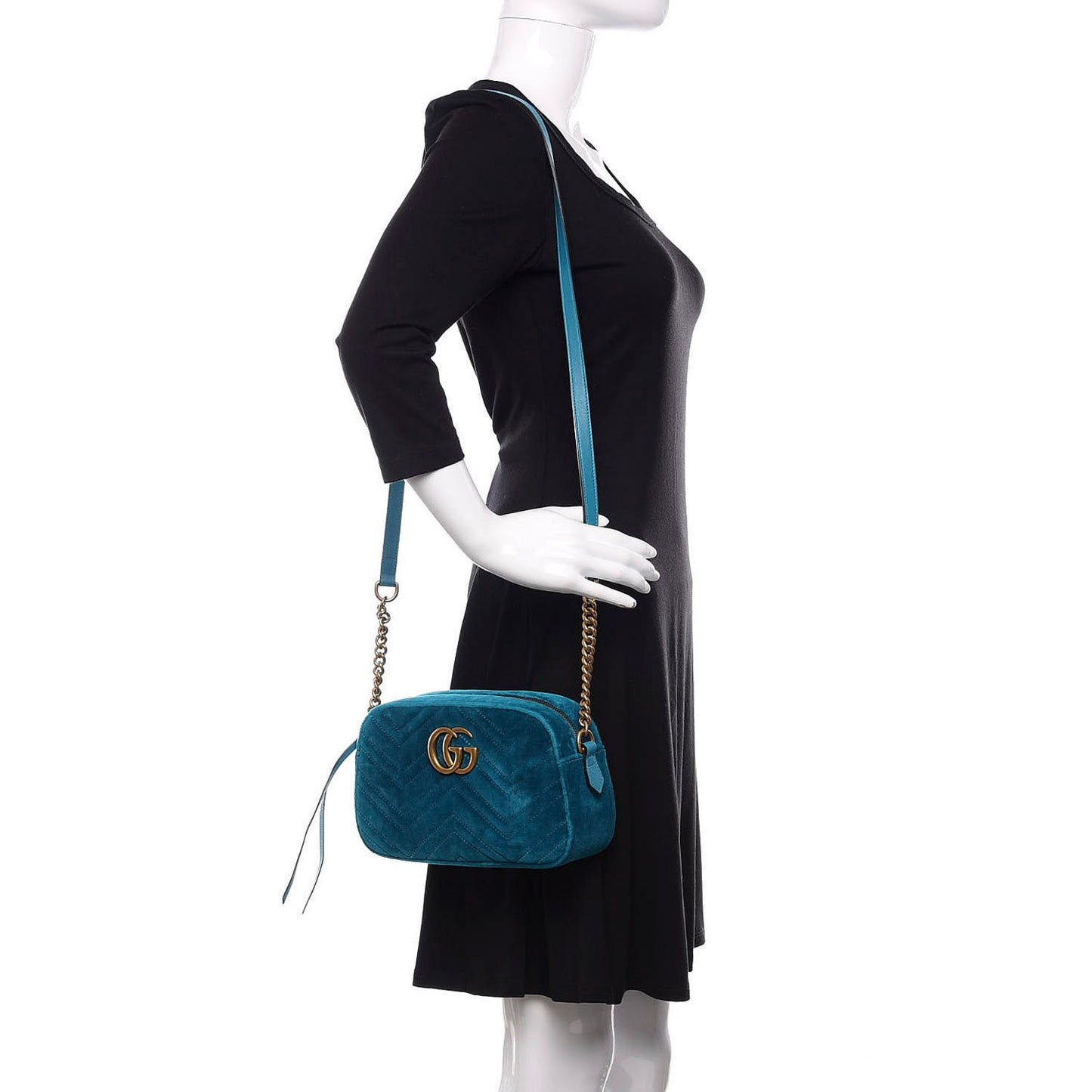 Velvet Matelasse Small GG Marmont Chain Shoulder Bag Pavone Cyan