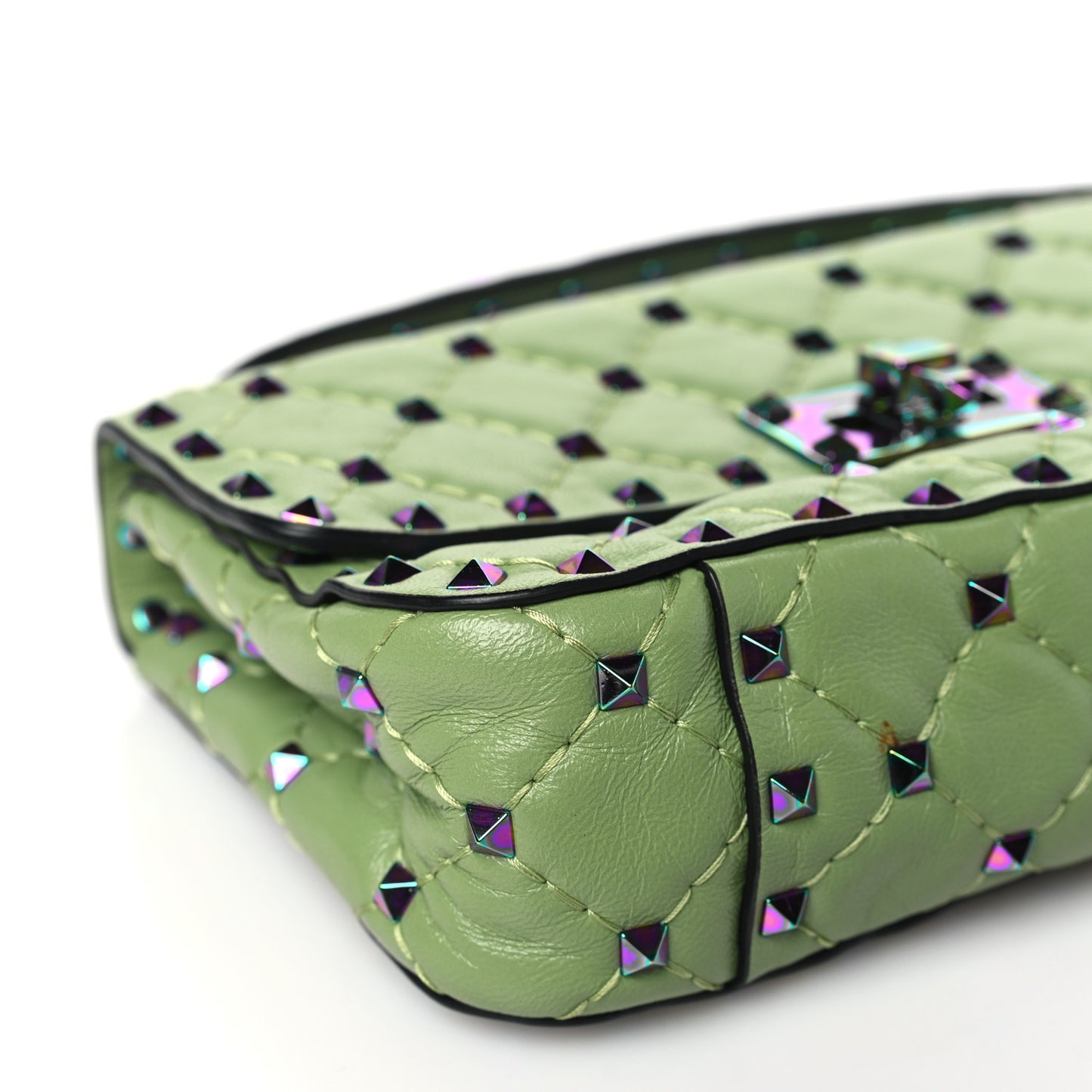Lambskin Oil Slick Rockstud Spike Shoulder Bag Green