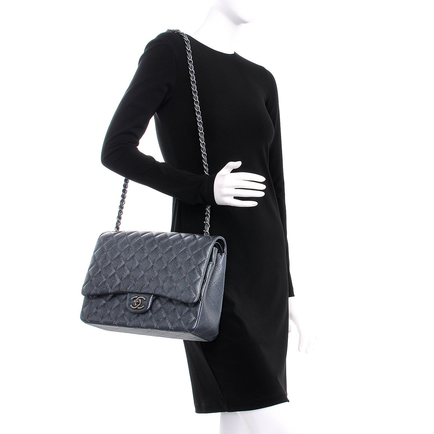 Chanel Metallic Caviar Quilted Maxi Double Flap Charcoal 2 of 8