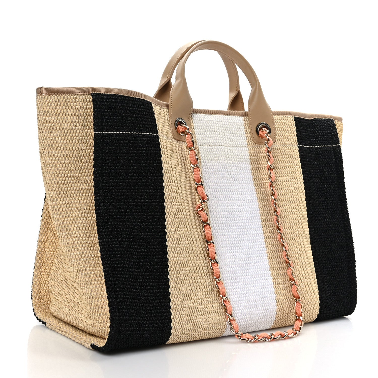 Chanel Straw Raffia Calfskin Striped Medium Deauville Tote Black Beige Ivory 3 of 9