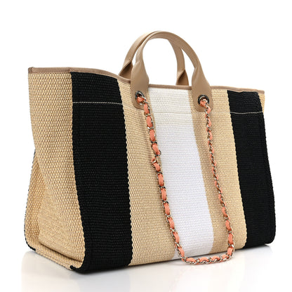 Chanel Straw Raffia Calfskin Striped Medium Deauville Tote Black Beige Ivory 3 of 9