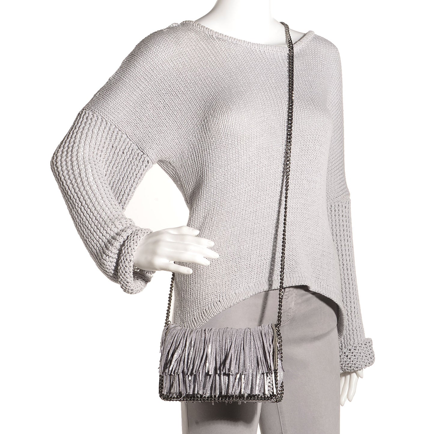 Faux Suede Fringe Falabella Crossbody Platinum