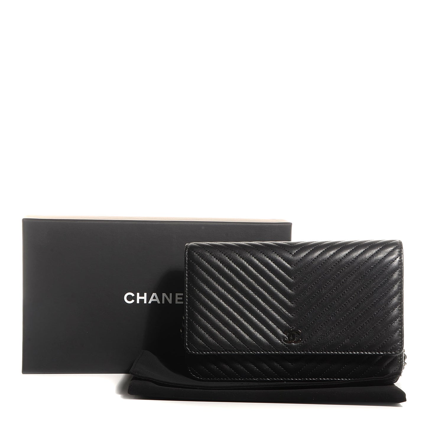 Metallic Calfskin Chevron Wallet On Chain WOC Black