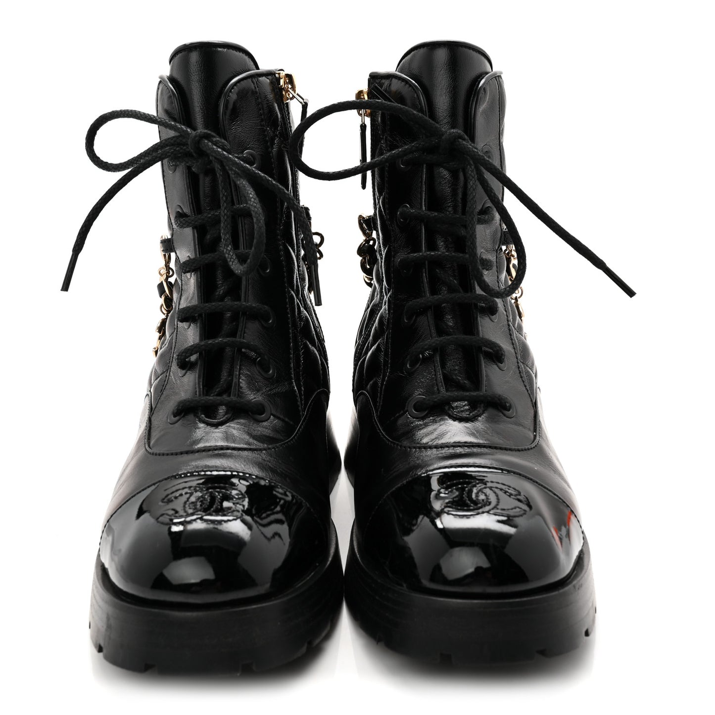 Shiny Calfskin Patent Quilted Chain Lace Up Combat Boots 38 Black