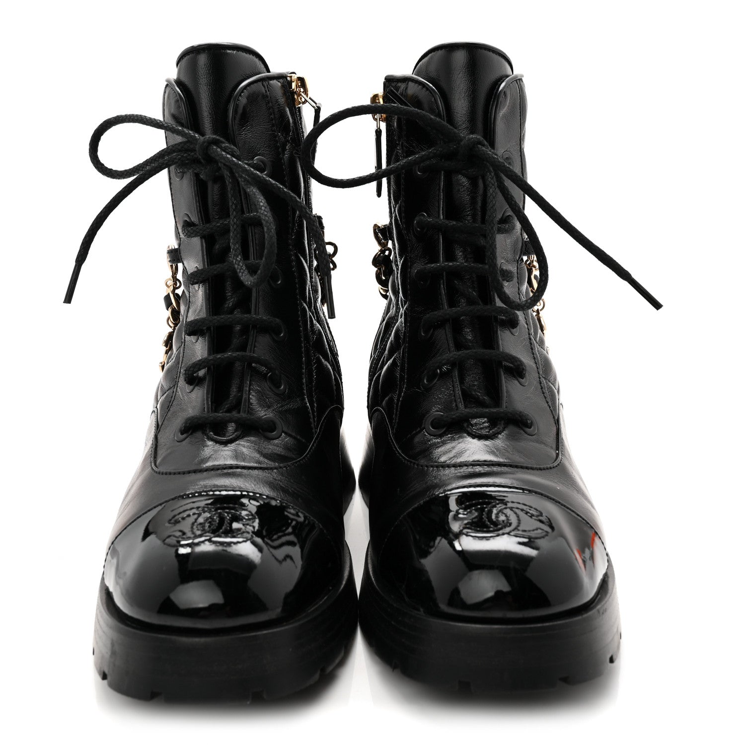 Chanel Shiny Calfskin Patent Quilted Chain Lace Up Combat Boots 38 Black 2 of 10