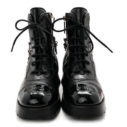 Chanel Shiny Calfskin Patent Quilted Chain Lace Up Combat Boots 38 Black 2 of 10
