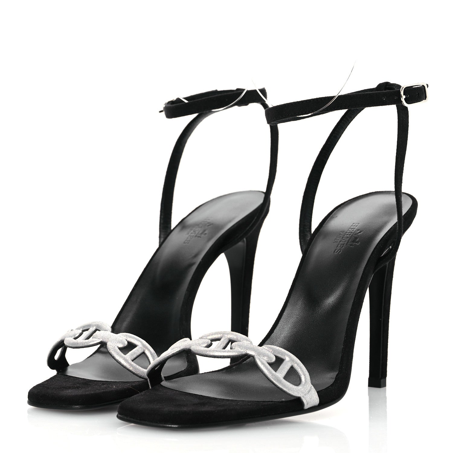 Hermes Metallic Suede Goatskin Luz 105 Sandals 40 Black Gris Argente 4 of 13