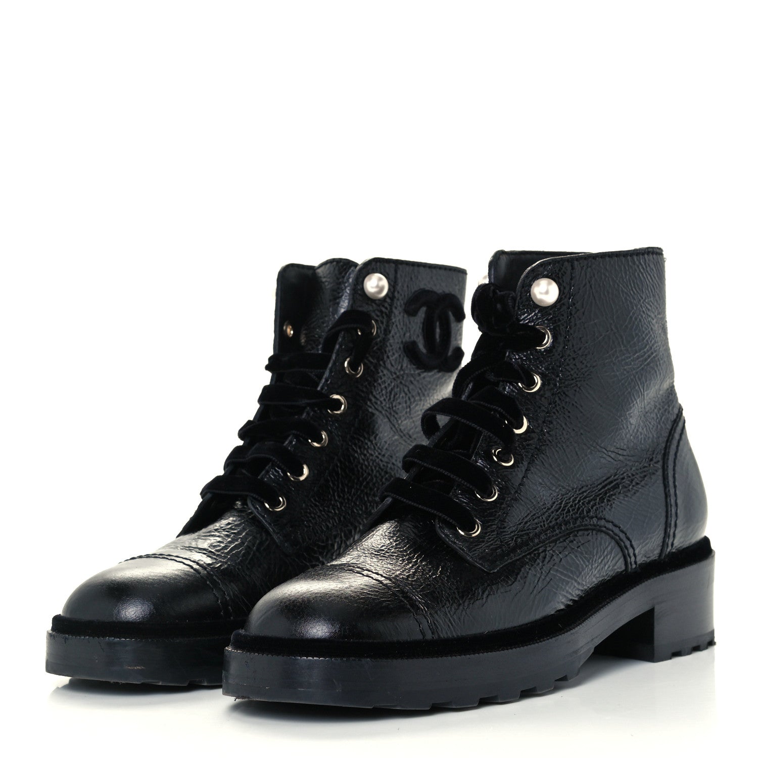 Chanel Shiny Calfskin Velvet Pearl Combat Short Boots 39 Black 2 of 10