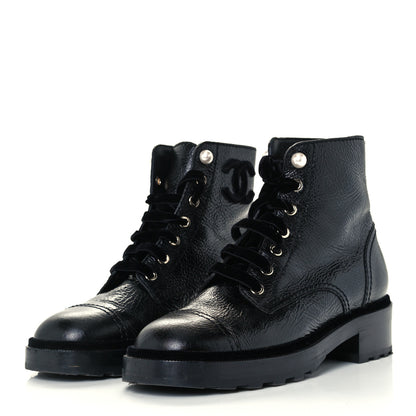 Chanel Shiny Calfskin Velvet Pearl Combat Short Boots 39 Black 2 of 10