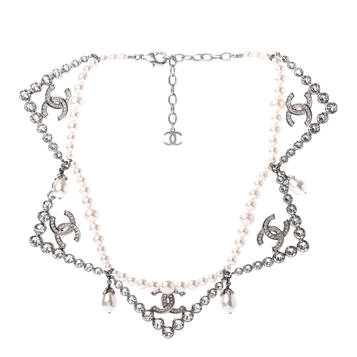 Crystal Pearl CC Choker Necklace Silver