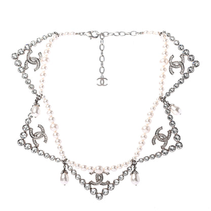 Chanel Crystal Pearl CC Choker Necklace Silver 3 of 5