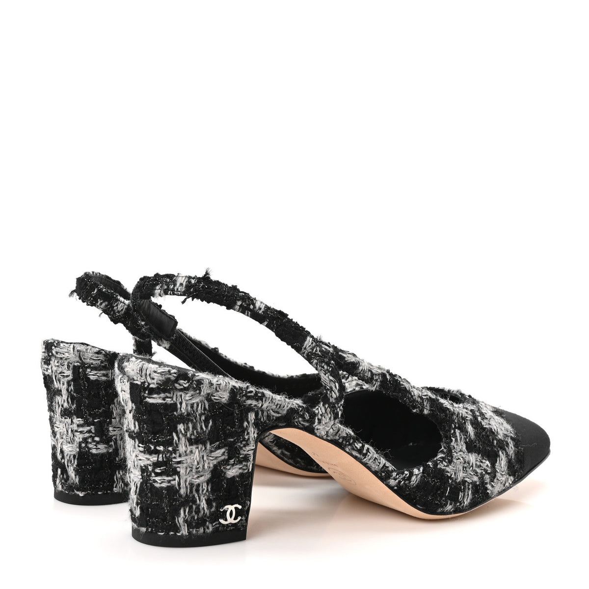 Chanel Tweed Grosgrain Cap Toe CC Slingback Pumps 41.5 Black Grey 5 of 10