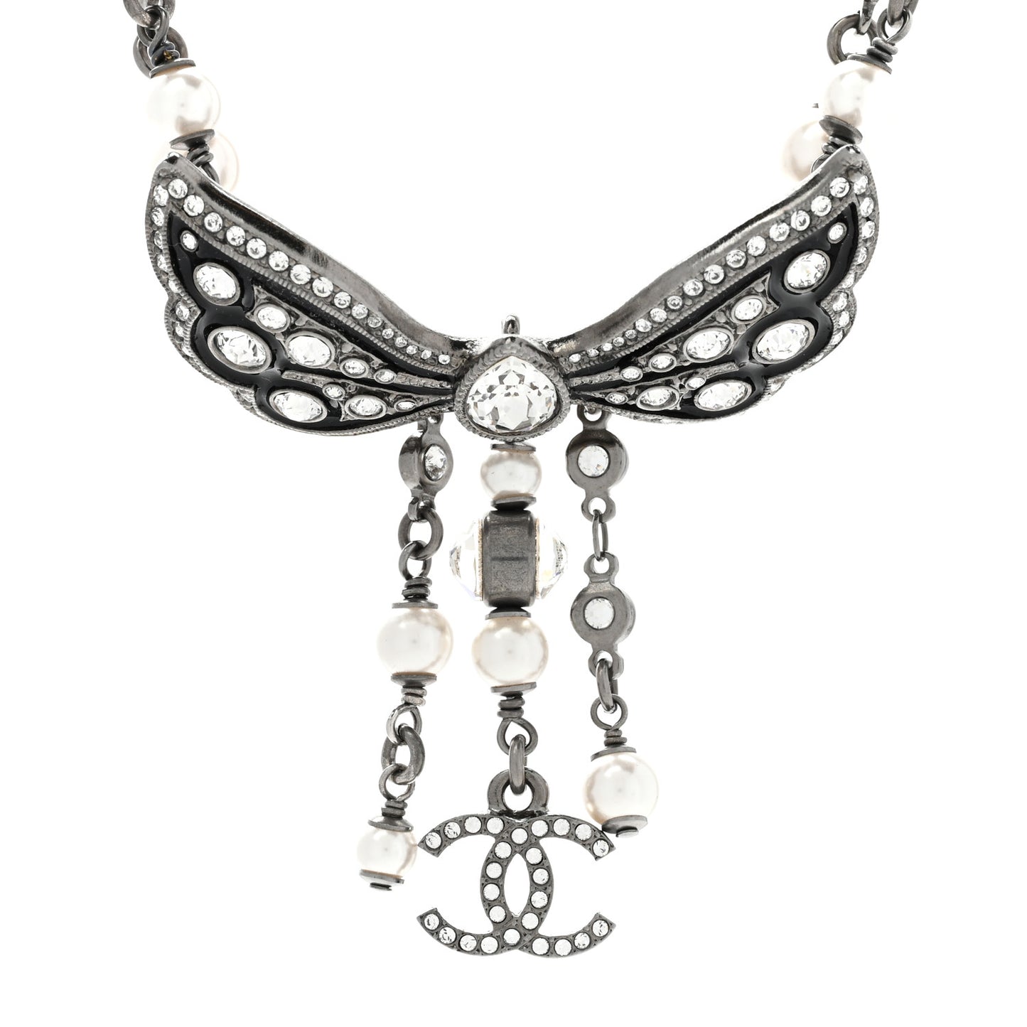 Crystal Pearl Enamel CC Butterfly Choker Necklace Silver